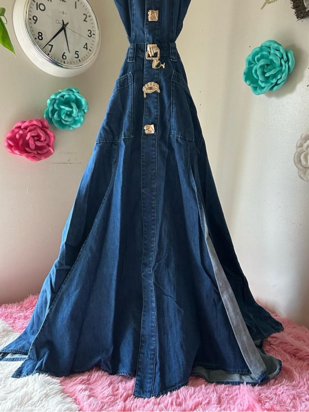 Denim Maxi Dress with Statement Buttons - Dark Blue - Picture 4 of 6